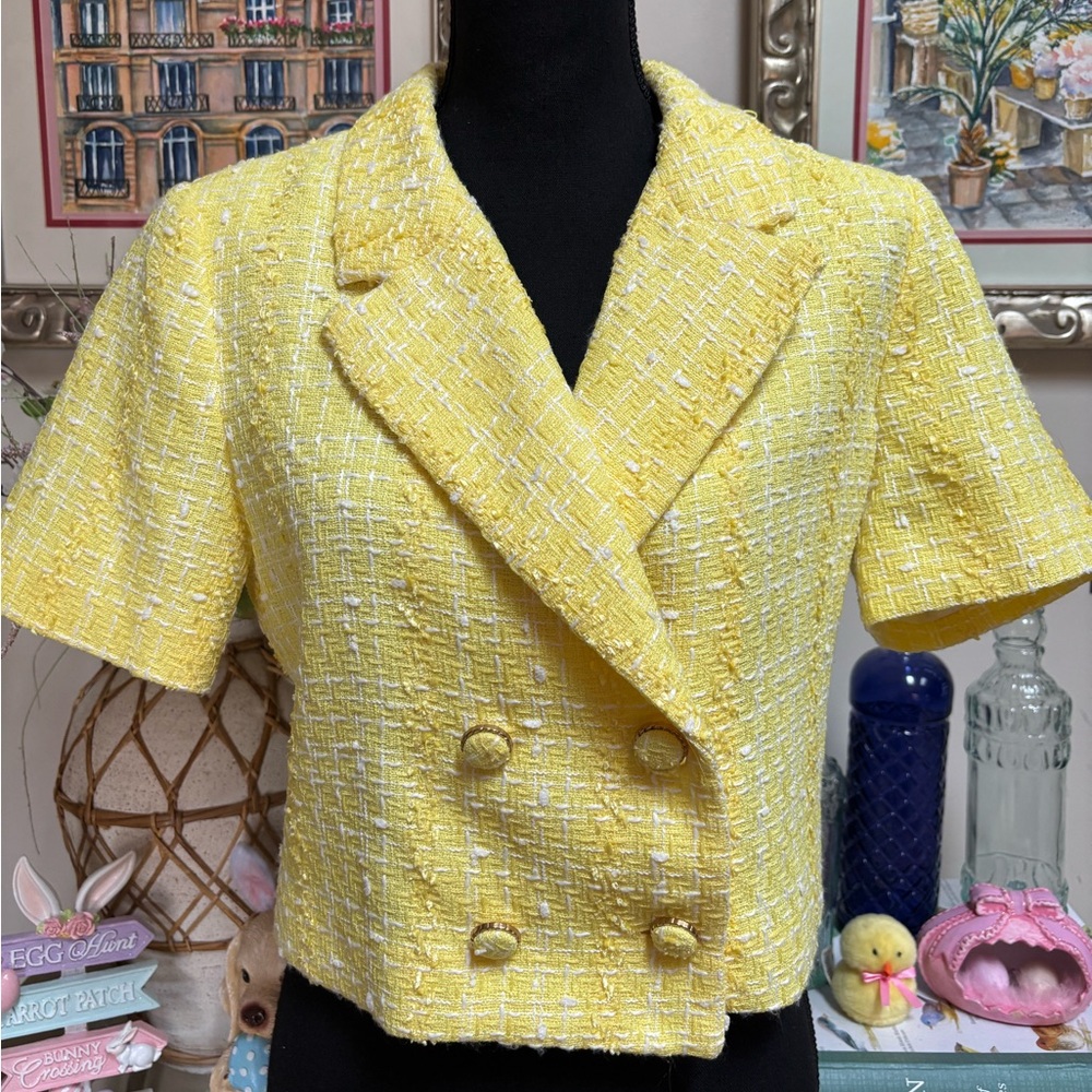 Versona Yellow Textured Tweed Cropped Double-Breasted Blazer Jacket Size M - Picture 10 of 11